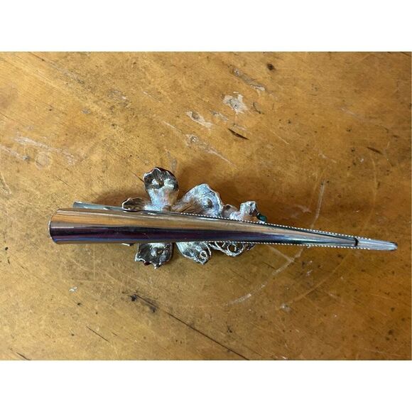 Large Vintage Rhinestone Studded Floral Alligator Hair Clip (8218) - Picture 3 of 5